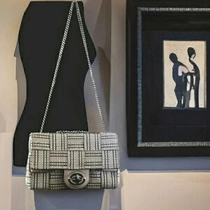 Vintage Made in Italy Nylon Leather Chic Matellic Weave Silver Chain Shoulder
